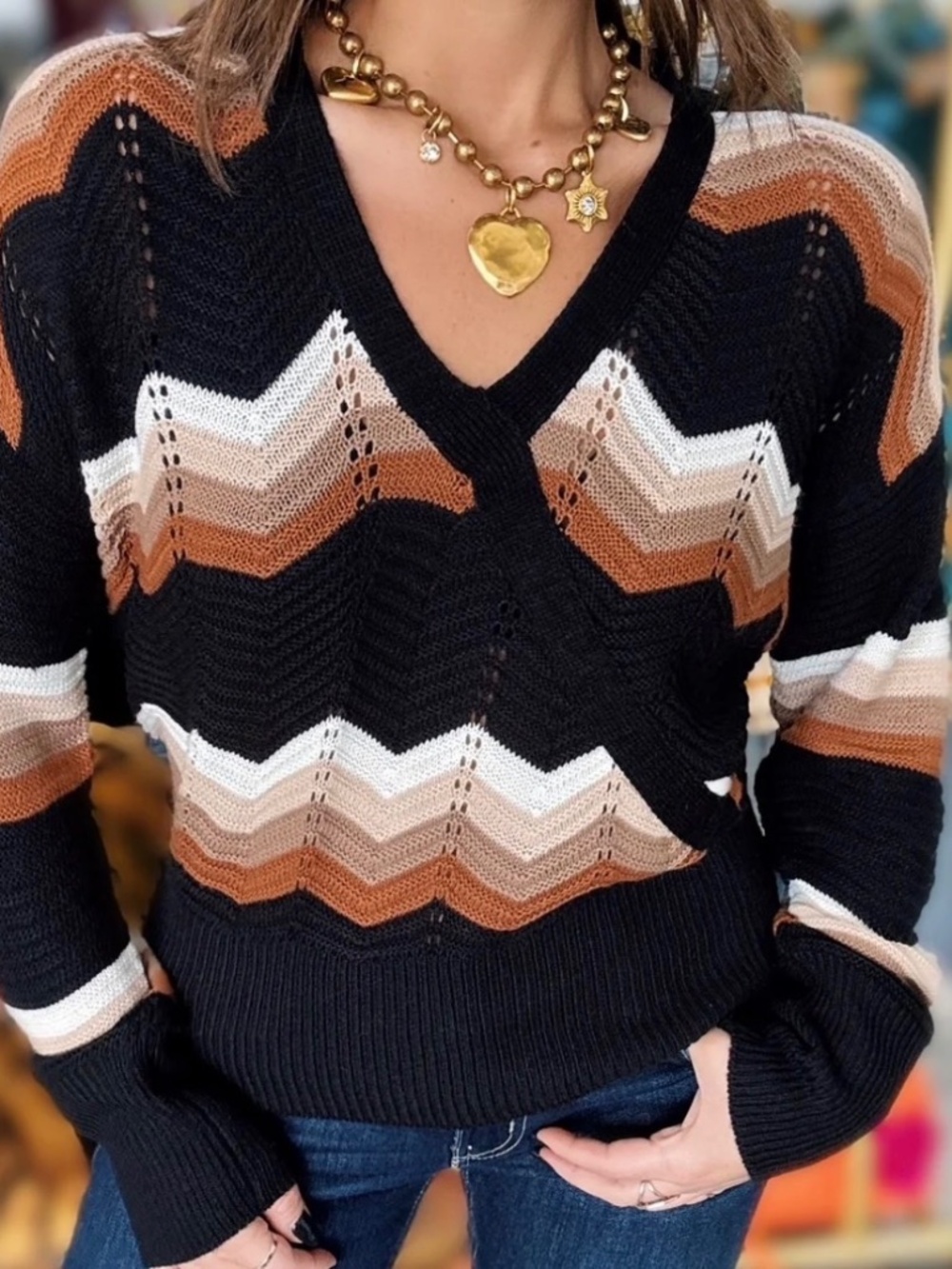 NWT FCT With Love Chevron Wrap Sweater Medium Black Autumn Stripe Knit